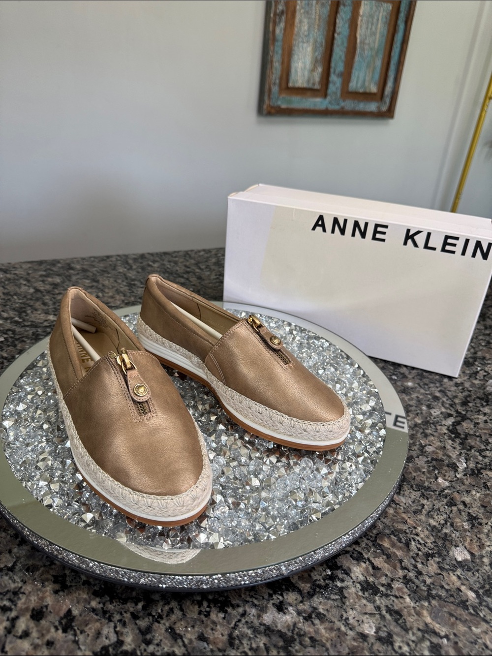 Anne Klein Metallic gold leather Slip-On Espadrille Moccasins loafer NEW 7.5